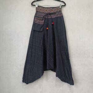 Boho Harem Pants Womens One Size Blue Cotton Tapered Elastic Waist Cuffed